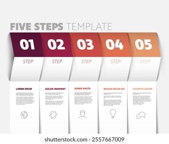 Five steps progress process infographic layout template with big numbers icons text content  and paper fold pointing on the next step