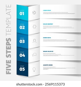 Five steps progress process infographic layout template with big numbers icons text content  and paper fold pointing on the next step