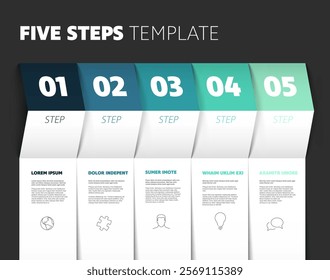 Five steps progress process infographic layout template with big numbers icons text content and paper fold pointing on the next step - teal version