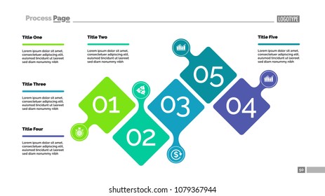 Five steps project process chart template for presentation. Vector illustration. Abstract elements of diagram, graph, infochart. Idea, planning, business or research concept for infographic, report.