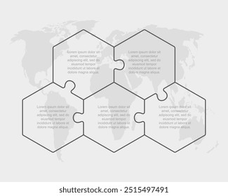 Cinco passos infográfico de linha de quebra-cabeça. Negócios, ideia, conceito de fluxo. Modelo para 5 opções, peças, processos. Gráfico de informações do quebra- cabeça. Pode ser usado para processo, apresentação, layout, banner, gráfico