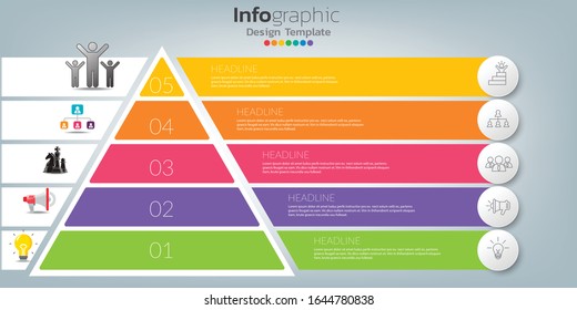 Five steps pyramid infographic template with icon and free space for text.