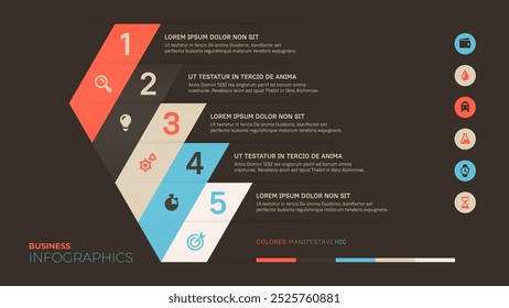 Five steps or five stages. Vector infographic template. Dark background. All the elements are laid out in layers. Six bonus icons