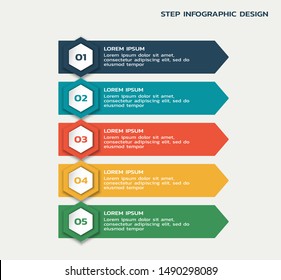five steps workflow infographic. business process flowchart with hexagons and text