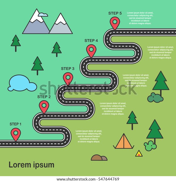 Five steps Zig-zag asphalt road journey and\
hiking trip with camping place, lake, mountain and pin-pointers in\
a flat design style. Vector EPS\
10