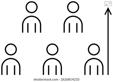 Five stick figures in a grid formation, with an upward-pointing arrow adjacent to them indicating progress. Ideal for growth, leadership, teamwork, success, development, advancement, career