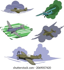 five sticker pack simple, aircraft on world war two. mustang, mitchele bomber, piper cup, transport dakota. with variety background. printed material as sticker.
