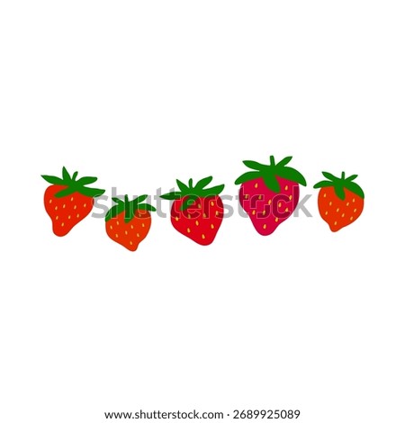 five strawberries lined up across a white background. Vivid red fruit with green leaves and small yellow seeds convey freshness, health, and playful, fruit-centered imagery suitable for food