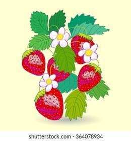 Five Strawberrys with Leaves Vector Illustration.