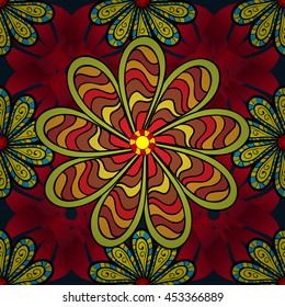 Five stripe petal flower. Doodle style. Vector illustration. Seamless pattern