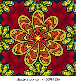 Five stripe petal flower. Doodle style. Vector illustration. Seamless pattern