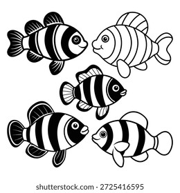 Cinco peces rayados nadando juntos en blanco y negro