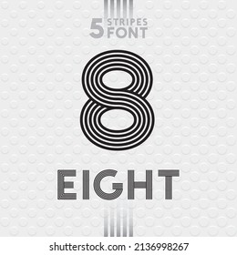 Five Stripes Font Series - Eight Number and Retro Pop Style Caps Lettering on White Drops Background - Vector Typography Graphic Design