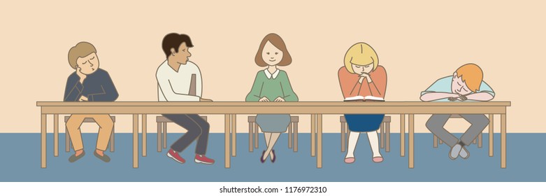 Five students sitting in the classroom. Vector illustration.