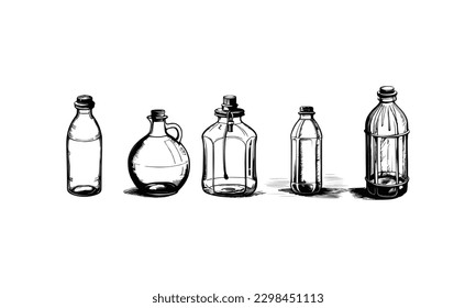 Five style Glass Bottle Vector, vintage essential oils bottles vector, essential oils bottles, Medicine bottles vector.