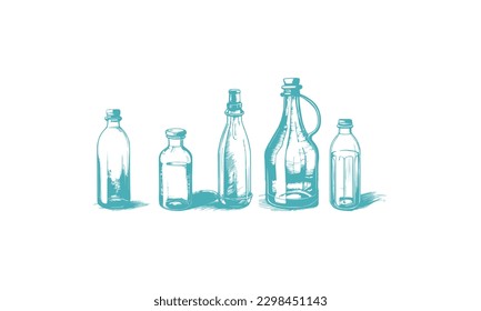 Vector de botellas de vidrio de cinco estilos, vectores vintage de botellas de aceites esenciales, botellas de aceites esenciales, vector de botellas de medicina.