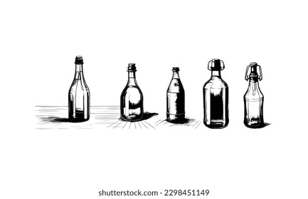 Five style Glass Bottle Vector, vintage essential oils bottles vector, essential oils bottles, Medicine bottles vector.