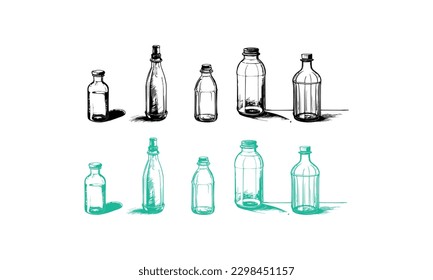 Five style Glass Bottle Vector, vintage essential oils bottles vector, essential oils bottles, Medicine bottles vector.
