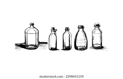 Five style Glass Bottle Vector, vintage essential oils bottles vector, essential oils bottles, Medicine bottles vector.