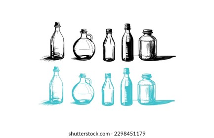 Five style Glass Bottle Vector, vintage essential oils bottles vector, essential oils bottles, Medicine bottles vector.