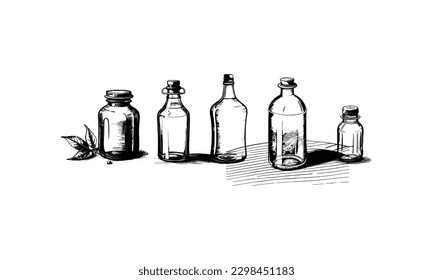 Five style Glass Bottle Vector, vintage essential oils bottles vector, essential oils bottles, Medicine bottles vector.