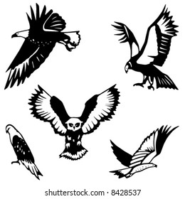 Five stylized birds of prey