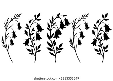 Five stylized black silhouettes of flowering branches with detailed leaves on transparent background