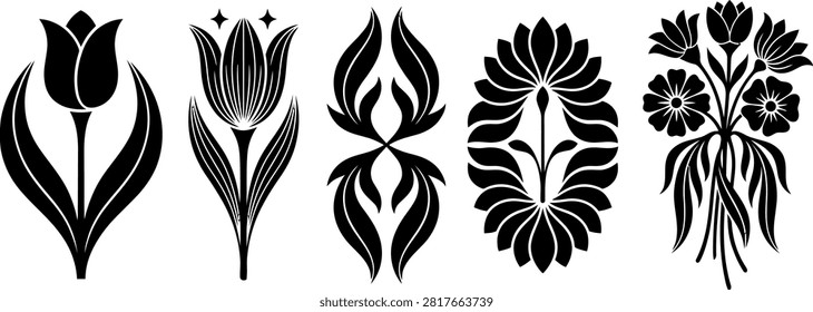 Five stylized black and white floral vector illustrations with transparent background showcasing tulips and abstract flowers