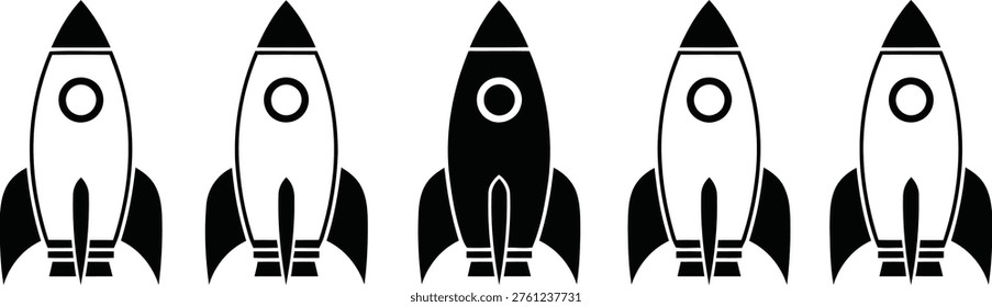 Five stylized black and white rockets aligned in a row Vector