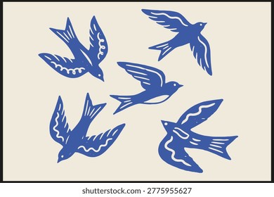 Five stylized blue birds soaring gracefully across light beige background with dynamic motion and minimalist design