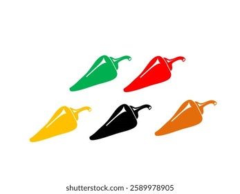 Five stylized chili peppers in different colors: green, red, yellow, black, and orange, arranged in a scattered pattern on a white background. The design is simple and vibrant.