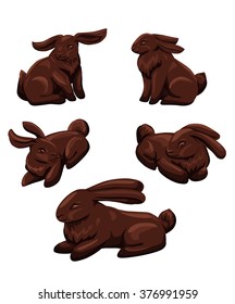 Five stylized chocolate bunnies, in vector.
