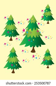 Five stylized Christmas fir trees with multicolored stars