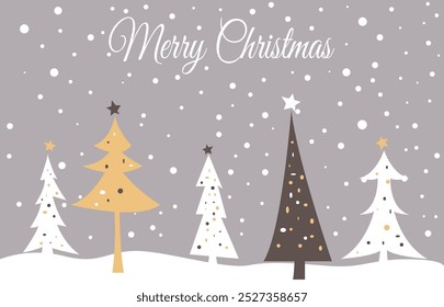 Five stylized christmas trees standing in snow under a snowfall with merry christmas script above them. Vector illustration
