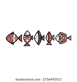 Five Stylized Fish Silhouettes with Tribal Patterns in Black Orange and White