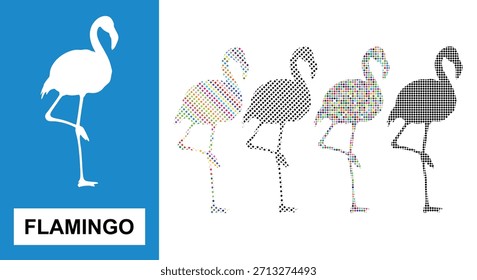 Cinco siluetas de flamenco estilizadas con Variantes de patrón de puntos creativos sobre fondo azul y blanco