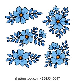 Five stylized floral arrangements featuring blue flowers with orange centers and dark outlines, accompanied by blue leaves, set against a clean white background.