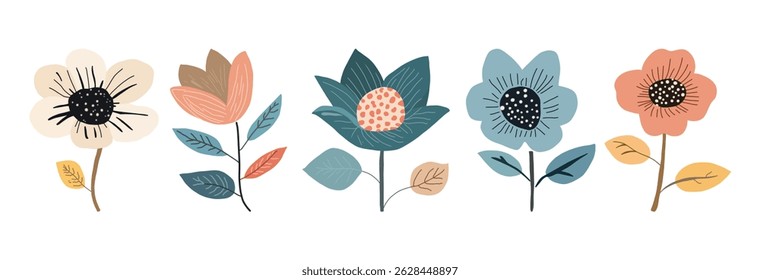 Five stylized flowers with different colors, petal shapes, and center designs are arranged horizontally with stems and leaves.