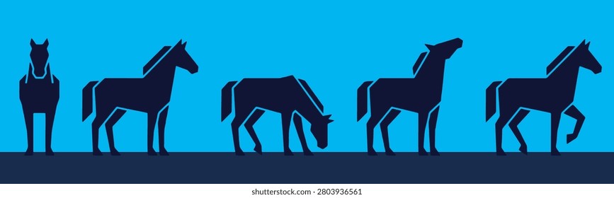 Five stylized, geometric dark blue silhouettes of horses are depicted against a bright blue background, showcasing different poses and actions.