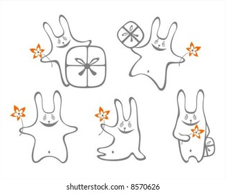 Five stylized happy rabbits on a white background. Holiday illustration.