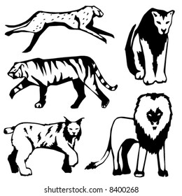 Five stylized illustrations of large cats