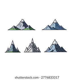 Five stylized mountain ranges with snow capped peaks, dark outlines, blue gray slopes, and small green foothills on a white background.