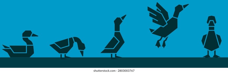 Five stylized origami ducks are depicted in silhouette against a blue background. The ducks are shown in various poses, including standing, dipping their heads, and one in mid-flight.