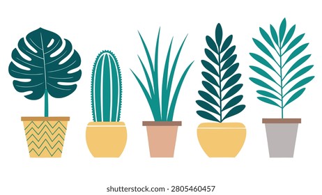 Five stylized potted houseplants in teal and green on white background
