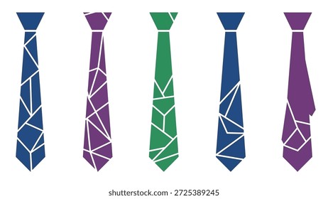 Cinco ilustraciones de corbata estilizadas se presentan con una estética minimalista. Cada corbata muestra un patrón geométrico en varios colores, incluyendo azul, verde y púrpura. El fondo blanco limpio proporciona un efecto de iluminación de alta intensidad. Adecuado para Elementos visuales en proyectos editoriales, empresariales o de diseño.