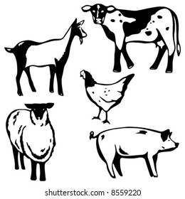 Five stylized vector illustrations of barnyard animals