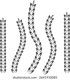Five stylized wheat stalks in a dark gray color, arranged vertically on a white background. Grain, agriculture, and harvest themes.