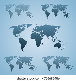 Five stylized world maps isolated. World map Vector globe template, web design, cover, annual reports, infographics. Flat earth graph world map.
