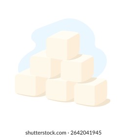 Five sugar cubes are neatly stacked on top of each other, showcasing their cubic shape and smooth surface against a soft, light background.