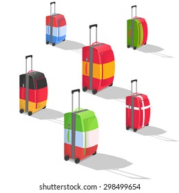 Five suitcases with flags of European countries. White background. vector illustration